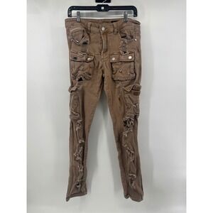 Rockstar Original RSM 208 Cargo Denim Jeans Mens 34 Tan Brown Distressed Slim
